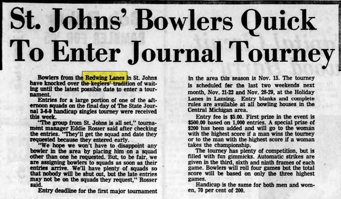 Redwing Lanes (Redwing Bowling Lanes) - Oct 23 1964 Article